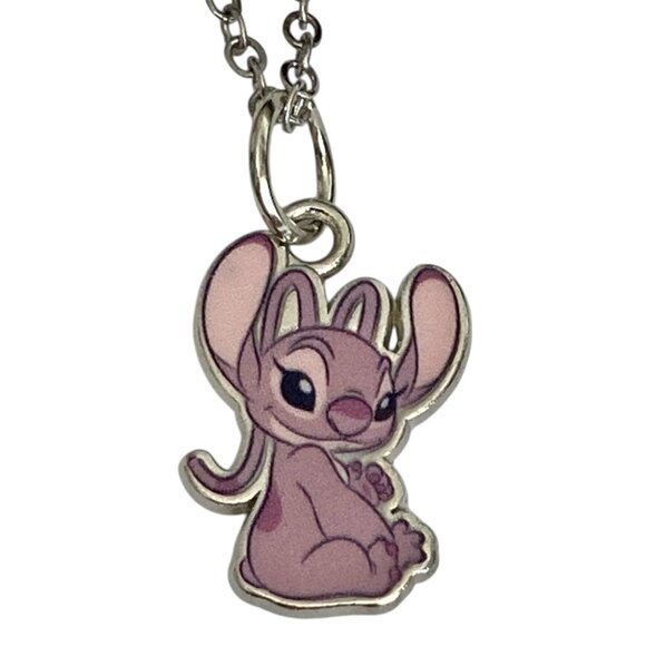 Vintage Disney Angel Lilo & Stitch Charm Necklace 18" Signed Ohana Girlfriend - Picture 2 of 9